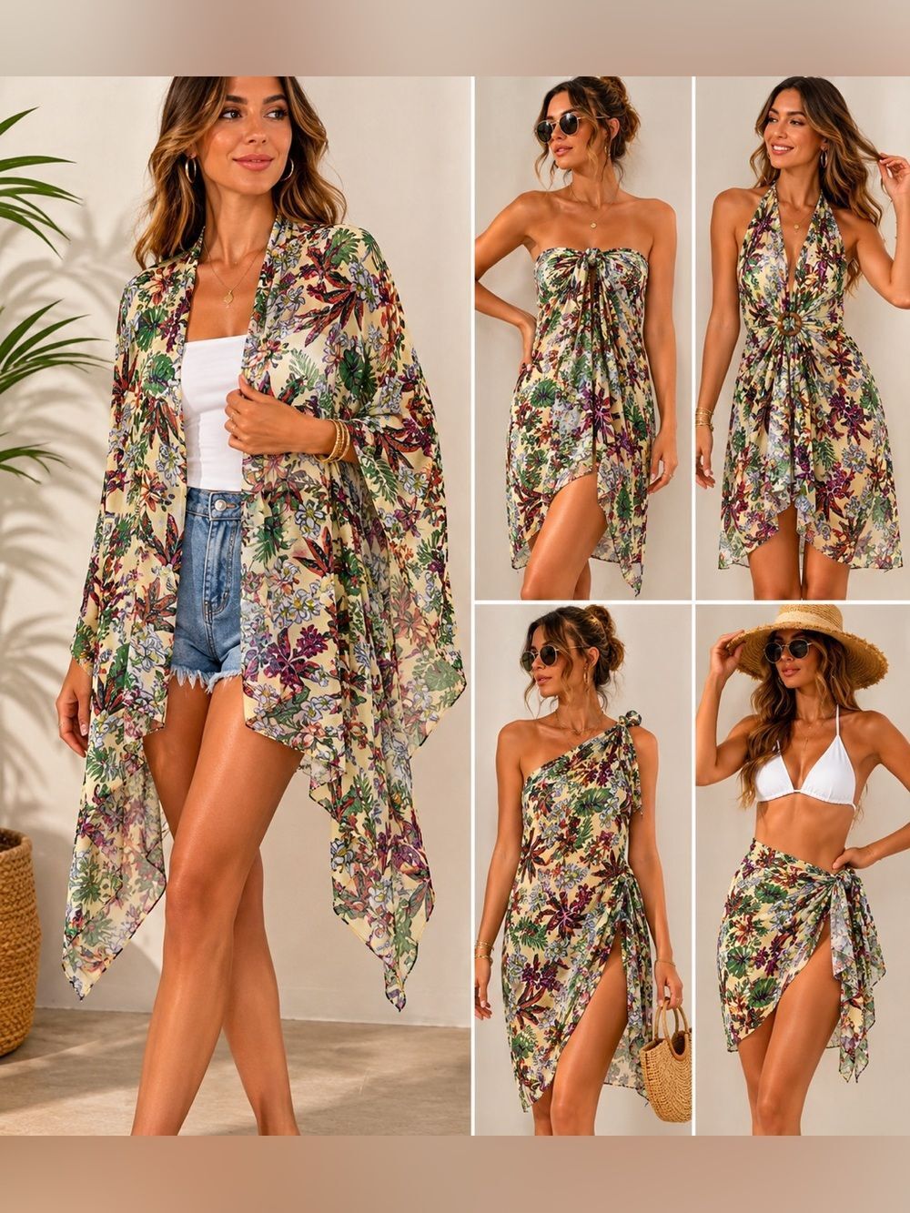 Green Hibiscus Tropical flower SARONG Wrap Skirt swimsuit cover up OS NEW